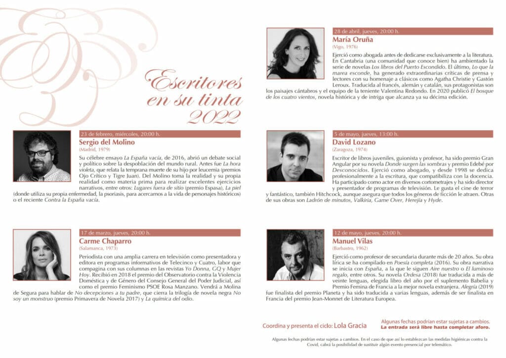 Sergio del Molino, Carme Chaparro, María Oruña, David Lozano y Manuel Vilas participan en el programa del Ciclo Escritores en su tinta 2022 de Molina de Segura, que vuelve a celebrarse de forma presencial Sergio del Molino, Carme Chaparro, María Oruña, David Lozano y Manuel Vilas participan en el programa del Ciclo Escritores en su tinta 2022 de Molina de Segura, que vuelve a celebrarse de forma presencial