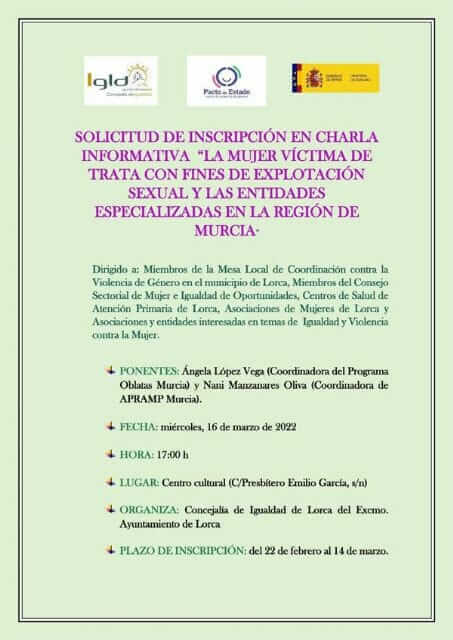 La concejalía de Igualdad de Lorca organiza tres charlas incluidas en la programación del 8 de marzo, Día internacional de la Mujer