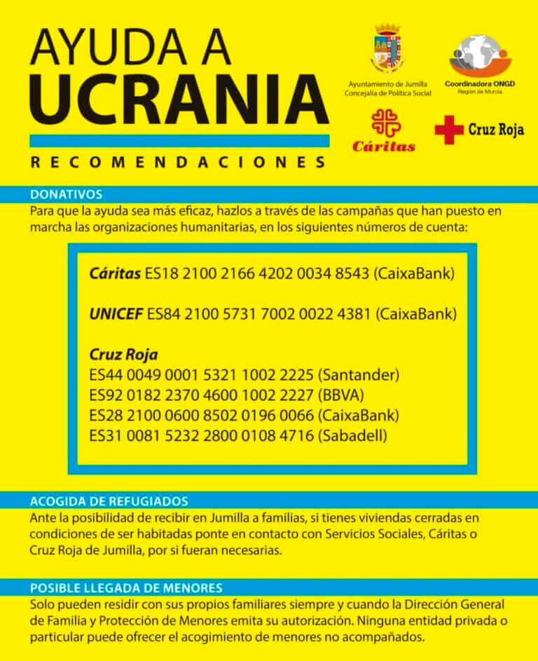 La Coordinadora Social de Jumilla informa de que la ayuda más eficaz a Ucrania es mediante donativos a través de las organizaciones humanitarias