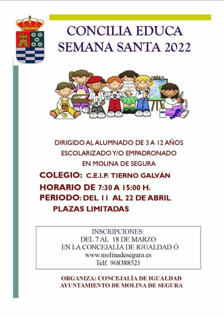 La Concejalía de Igualdad de Molina de Segura abre el plazo de inscripción para el Servicio Concilia Educa Semana Santa 2022