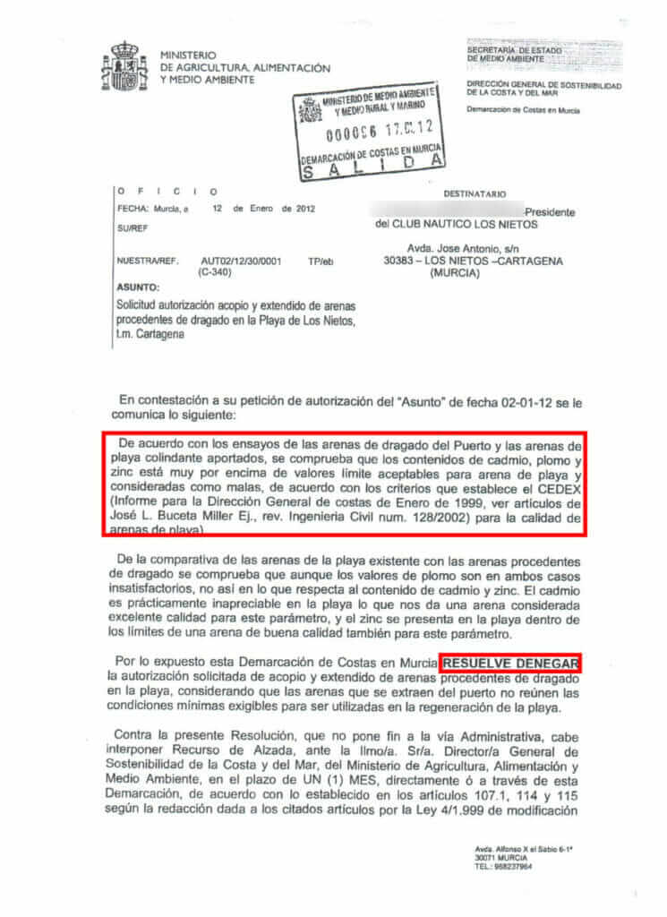 Se realizaron obras en el Club Náutico de Los Nietos sin declaración de impacto ambiental sabiendo que había metales pesados en la zona a dragar Se realizaron obras en el Club Náutico de Los Nietos sin declaración de impacto ambiental sabiendo que había metales pesados en la zona a dragar