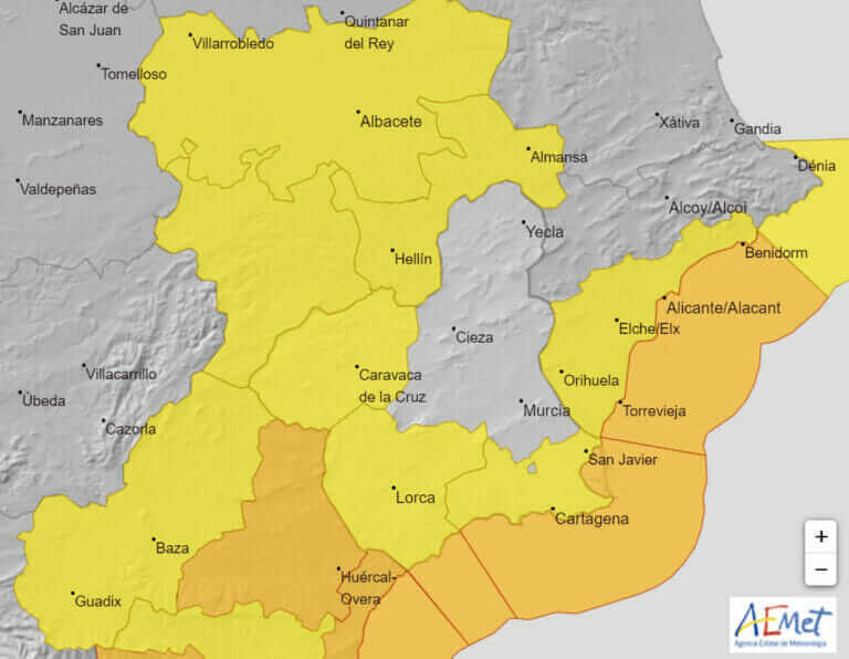 La Agencia Estatal de Meteorología activa avisos de nivel amarillo y naranja en la Región de Murcia
