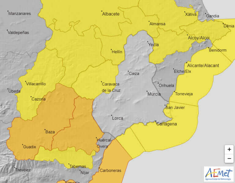 Continúan los avisos amarillos por fuertes vientos y nevadas en la Región de Murcia