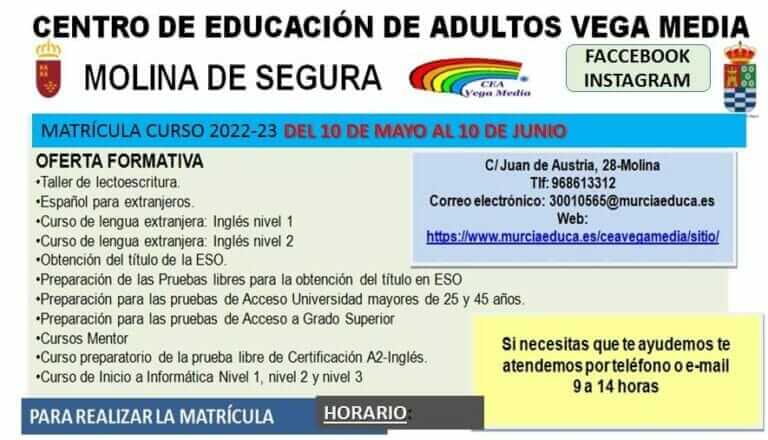 Abierto el plazo de solicitud de matrícula para el Centro Comarcal de Educación de Adultos Vega Media de Molina de Segura hasta el día 10 de junio