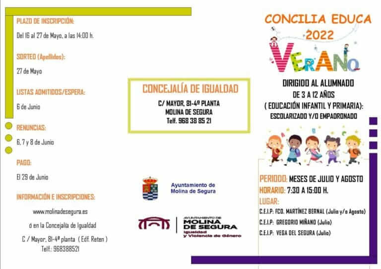 La Concejalía de Igualdad de Molina de Segura abre el plazo de inscripción para el Servicio Concilia Educa VERANO 2022