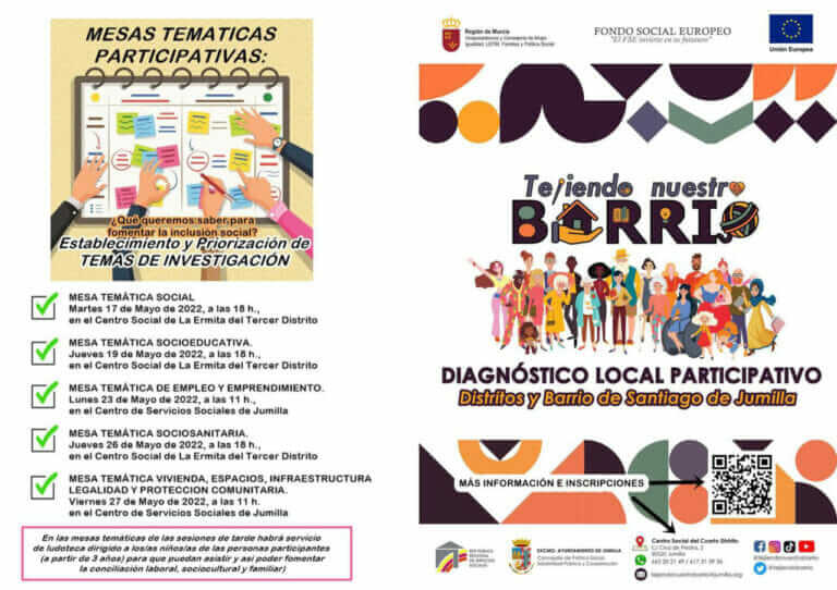 El proceso ‘Tejiendo nuestro barrio’ realizará mesas temáticas del 17 al 27 de mayo en Jumilla