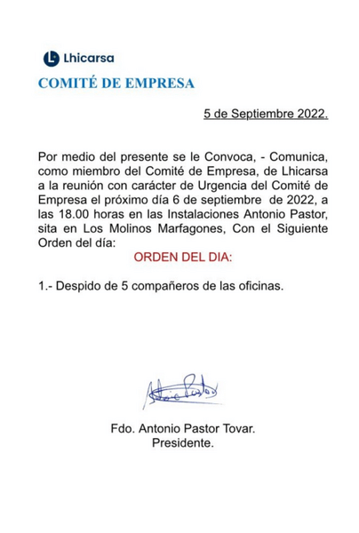 El comité de empresa de Lhicarsa decide ir a la huelga por el despido de cinco compañeros El comité de empresa de Lhicarsa decide ir a la huelga por el despido de cinco compañeros