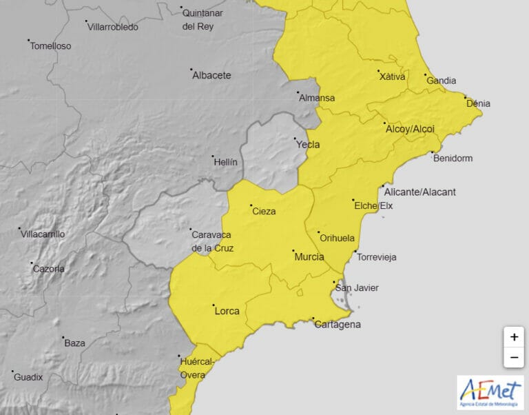 Meteorología amplia para hoy, y mantiene para mañana el aviso de fenómeno adverso nivel amarillo por lluvias y tormentas en la Región de Murcia