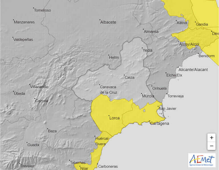 AEMET activa la alerta amarilla en el Valle del Guadalentín, Lorca y Águilas, el Campo de Cartagena y Mazarrón por lluvias