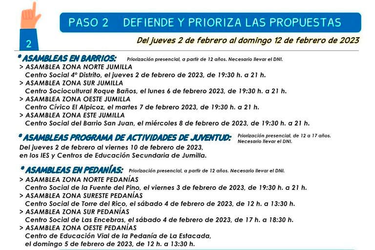 Este jueves comienzan las asambleas de priorización de propuestas del proceso de Presupuestos Participativos 2023 en Jumilla