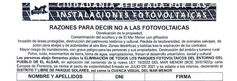Se presentan en el Ayuntamiento de Cartagena 1240 firmas contra los parques fotovoltaicos del municipio