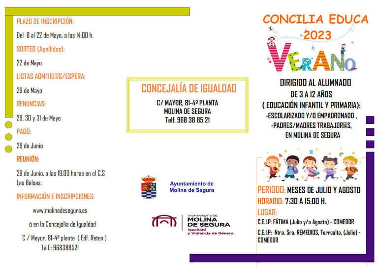 La Concejalía de Igualdad de Molina de Segura abre el plazo de inscripción para el Servicio Concilia Educa VERANO 2023