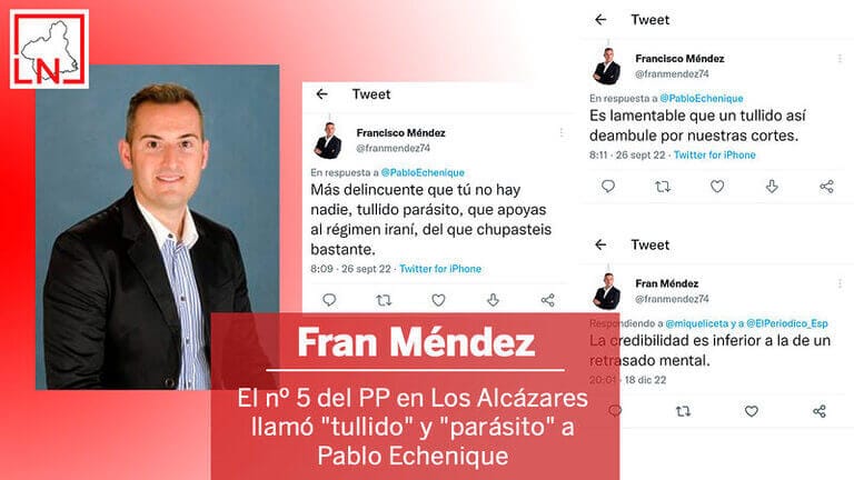 El número 5 de la lista del PP en Los Alcázares llamó "tullido" y "parásito" a Pablo Echenique