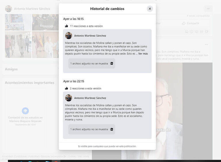 El PSOE denuncia a Antonio Martínez, primer teniente de alcalde y miembro de VOX, por las calumnias e injurias que ha publicado en redes sociales y reclama al alcalde del PP que actúe contra estas conductas