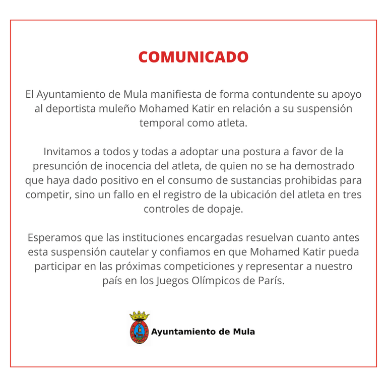 El Ayuntamiento de Mula manifiesta su apoyo a Mohamed Katir