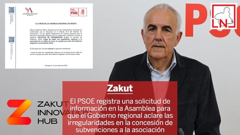El PSOE registra una solicitud de información en la Asamblea para que el Gobierno regional aclare las irregularidades en la concesión de subvenciones a la asociación Zakut