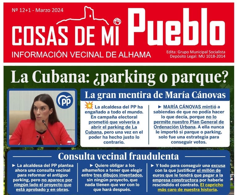 PSOE Alhama: "La consulta fraudulenta sobre el parque de La Cubana en Alhama protagoniza el nuevo número del boletín ‘Cosas de mi Pueblo’"