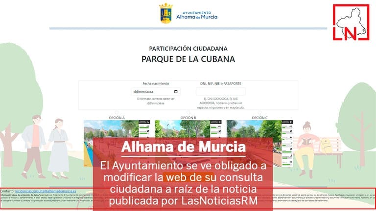 El Ayuntamiento de Alhama se ve obligado a modificar la web de su consulta ciudadana a raíz de la noticia publicada por LasNoticiasRM