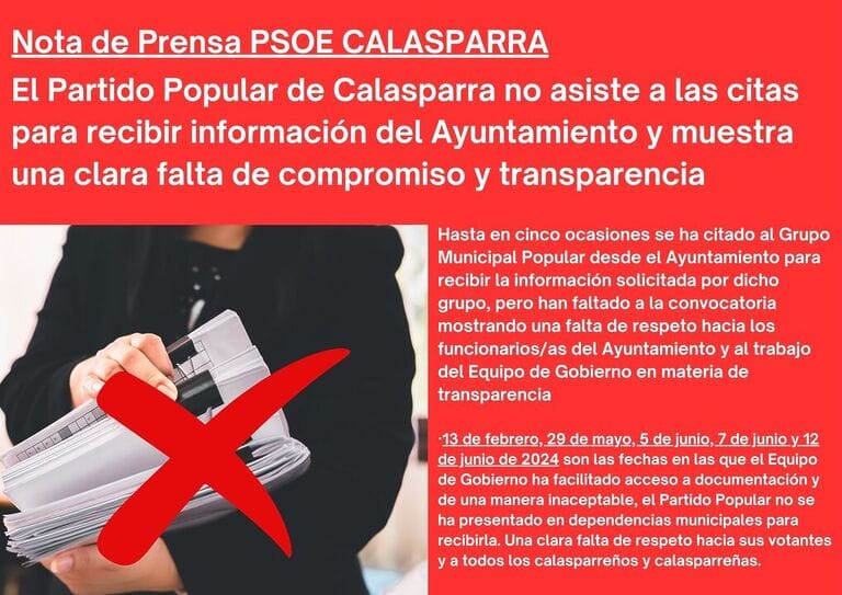 El Partido Popular de Calasparra no asiste a las citas para recibir información del Ayuntamiento y muestra una clara falta de compromiso y transparencia