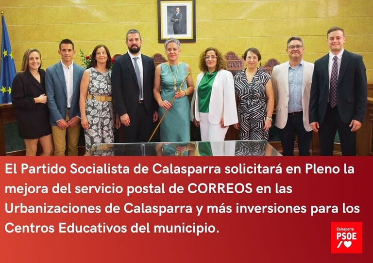 El PSOE de Calasparra solicitará en Pleno la mejora del servicio postal de CORREOS en las Urbanizaciones de Calasparra y más inversiones para los centros educativos del municipio