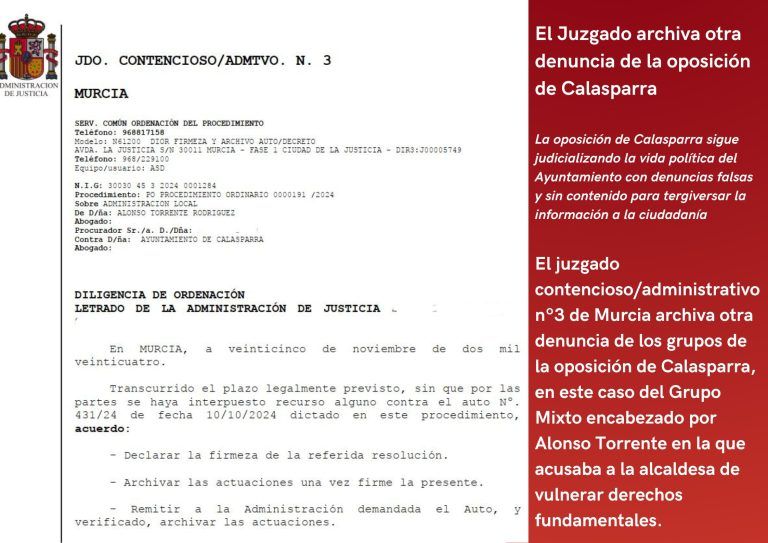 El juzgado archiva otra denuncia de la oposición en Calasparra por falta de pruebas