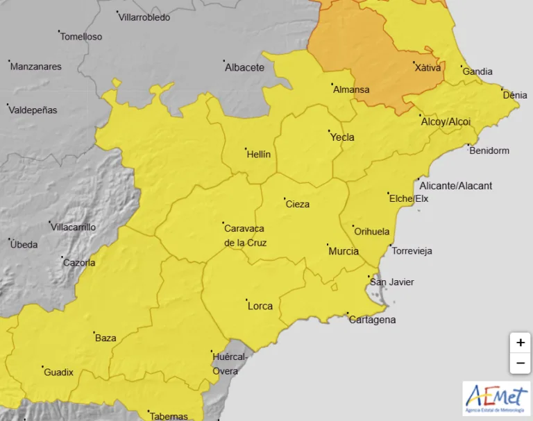 La AEMET amplía alerta por lluvias intensas en toda la Región de Murcia
