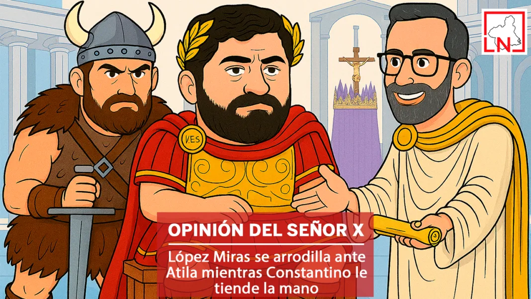 López Miras se arrodilla ante Atila mientras Constantino le tiende la mano
