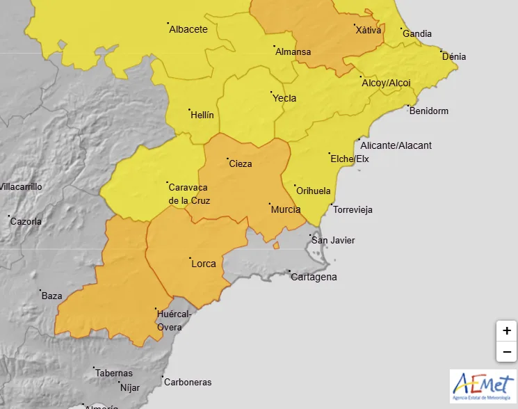 La AEMET incrementa la alerta a naranja por tormentas con granizo y lluvias intensas este jueves en toda la Región de Murcia La AEMET incrementa la alerta a naranja por tormentas con granizo y lluvias intensas este jueves en toda la Región de Murcia