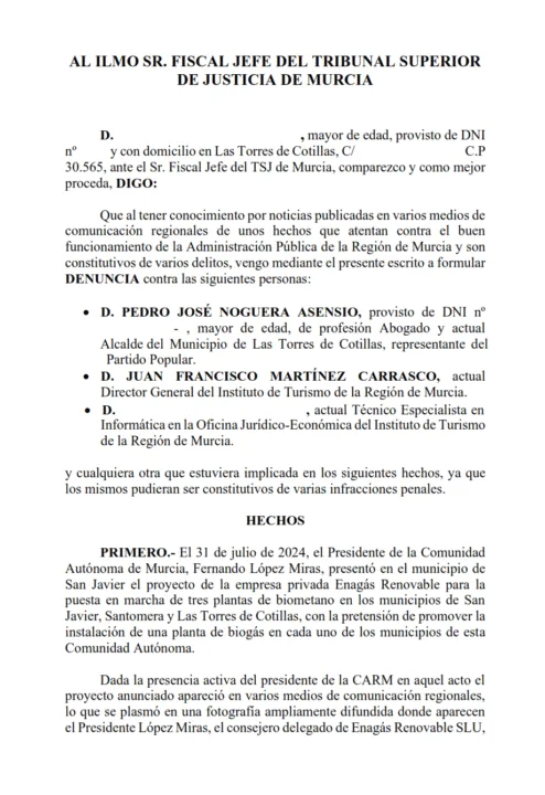 Denuncian al alcalde de Las Torres ante la Fiscalía por posibles delitos en el proceso de la planta de biogás y la oposición del ITREM Denuncian al alcalde de Las Torres ante la Fiscalía por posibles delitos en el proceso de la planta de biogás y la oposición del ITREM