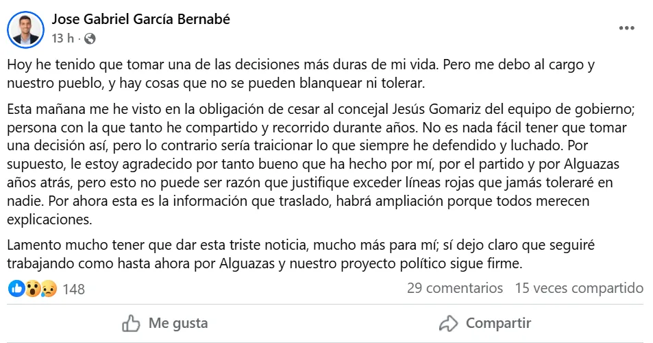 El alcalde de Alguazas cesa al concejal Jesús Gomariz por “exceder líneas rojas que no se pueden blanquear ni tolerar” El alcalde de Alguazas cesa al concejal Jesús Gomariz por “exceder líneas rojas que no se pueden blanquear ni tolerar”