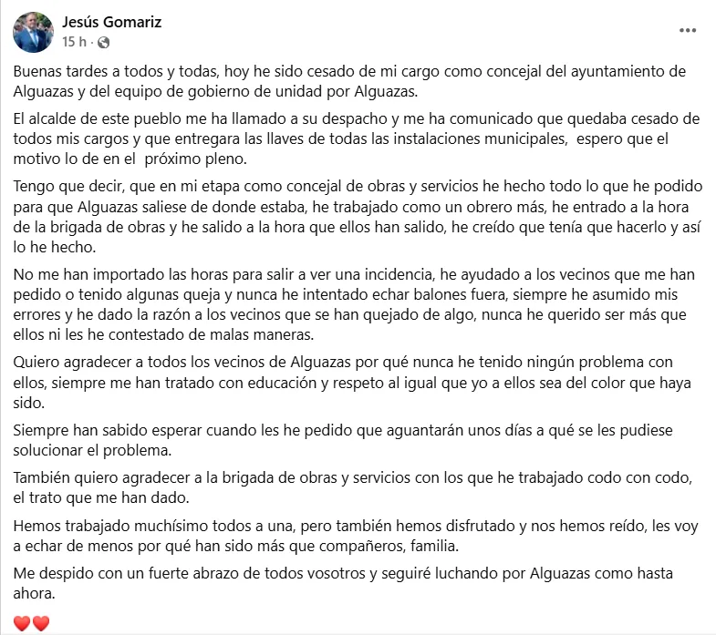 El alcalde de Alguazas cesa al concejal Jesús Gomariz por “exceder líneas rojas que no se pueden blanquear ni tolerar” El alcalde de Alguazas cesa al concejal Jesús Gomariz por “exceder líneas rojas que no se pueden blanquear ni tolerar”