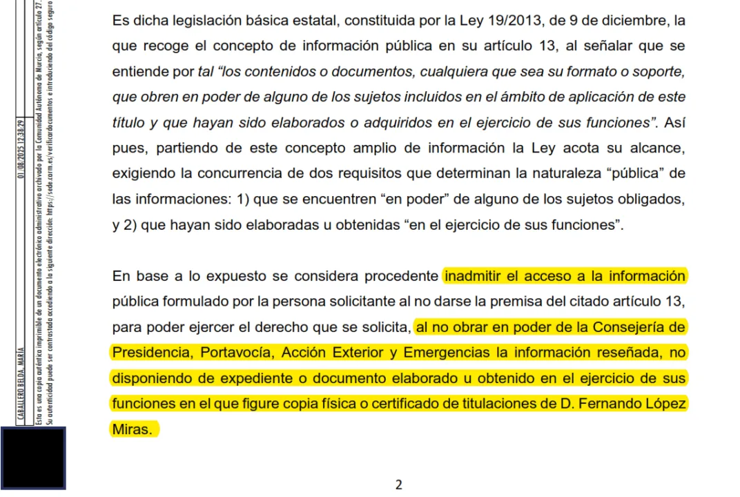 El Gobierno regional no puede asegurar la autenticidad de los títulos de López Miras El Gobierno regional no puede asegurar la autenticidad de los títulos de López Miras
