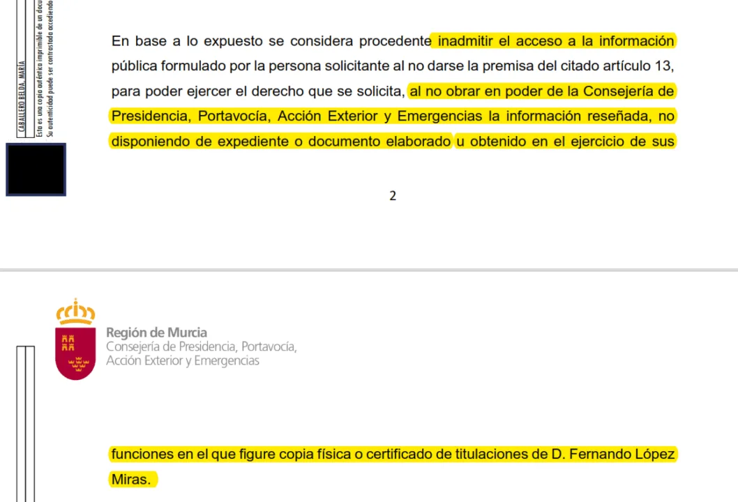 El Gobierno regional no puede asegurar la autenticidad de los títulos de López Miras El Gobierno regional no puede asegurar la autenticidad de los títulos de López Miras
