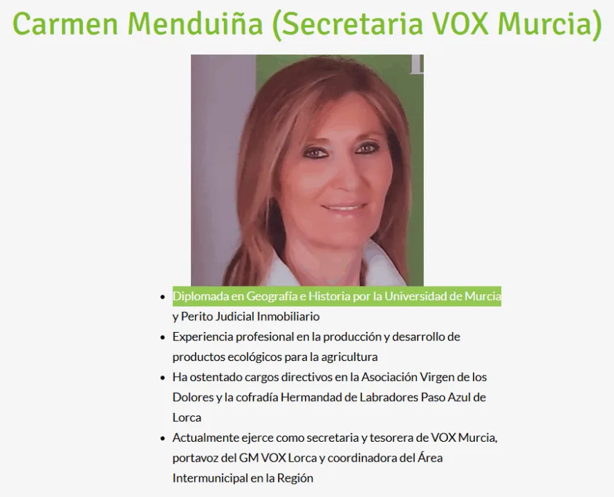 Carmen Menduiña, teniente de alcalde de Lorca por VOX, se atribuye un título universitario que nunca existió Carmen Menduiña, teniente de alcalde de Lorca por VOX, se atribuye un título universitario que nunca existió