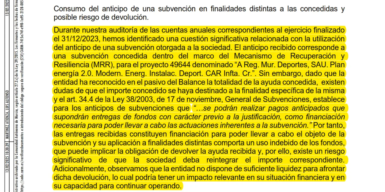 Una auditoría alerta del riesgo de devolución de 2,9 millones en Región de Murcia Deportes