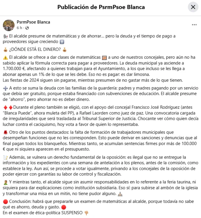 El PSOE de Blanca denuncia el aumento de la deuda municipal y critica la gestión económica del alcalde El PSOE de Blanca denuncia el aumento de la deuda municipal y critica la gestión económica del alcalde