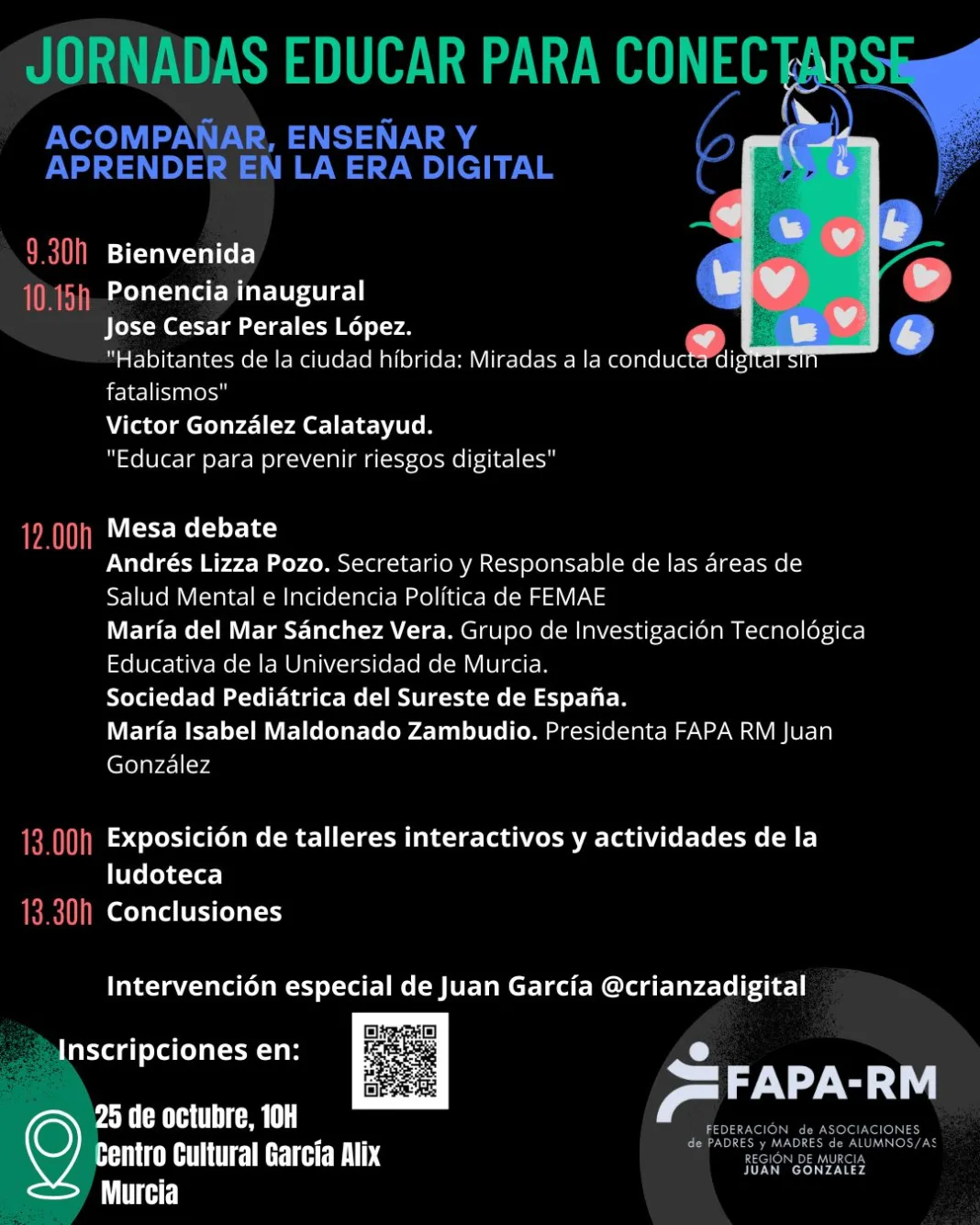 CARTEL JORNADAS 25 OCTUBRE La FAPA “Juan González” celebra la jornada ‘Educar para conectarse’ para impulsar un uso responsable y saludable de la tecnología en la infancia