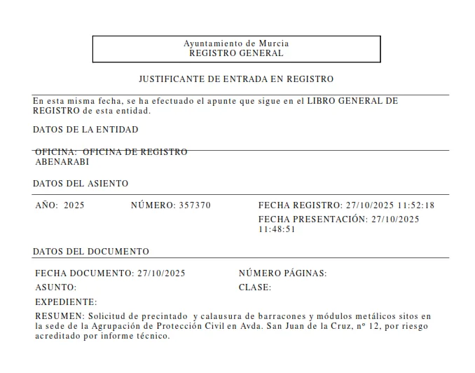 Exigen el cierre inmediato de los barracones de Protección Civil de Murcia por riesgo para voluntarios y ciudadanía Exigen el cierre inmediato de los barracones de Protección Civil de Murcia por riesgo para voluntarios y ciudadanía
