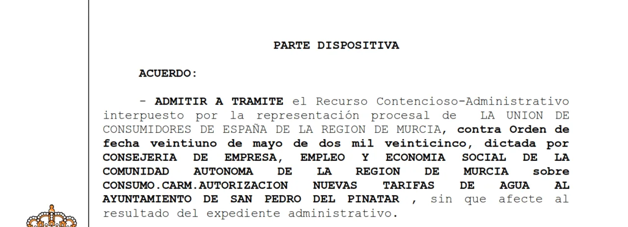 El TSJ de Murcia admite el recurso de la Unión de Consumidores contra la subida del agua en San Pedro del Pinatar El TSJ de Murcia admite el recurso de la Unión de Consumidores contra la subida del agua en San Pedro del Pinatar