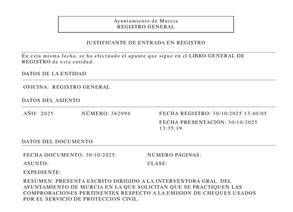 Miembros de Protección Civil de Murcia piden a la Intervención Municipal que investigue posibles pagos irregulares con fondos públicos