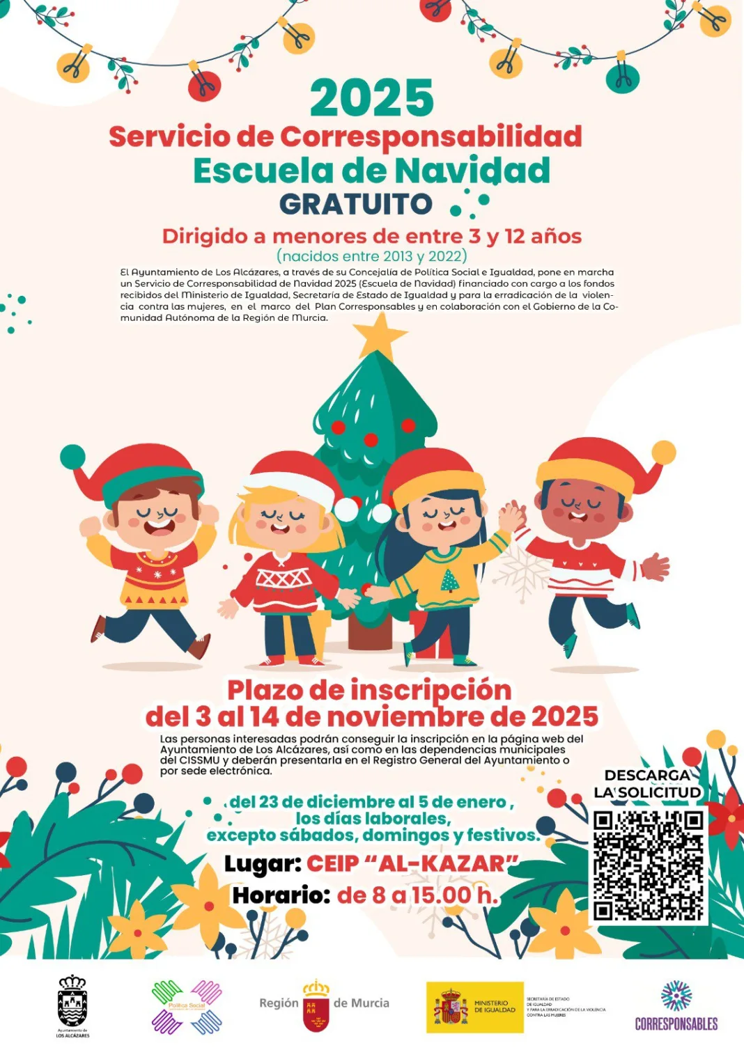 Cartel Escuela de Navidad 2025 Los Alcázares Abierto el plazo de inscripción para la Escuela de Navidad gratuita de Los Alcázares