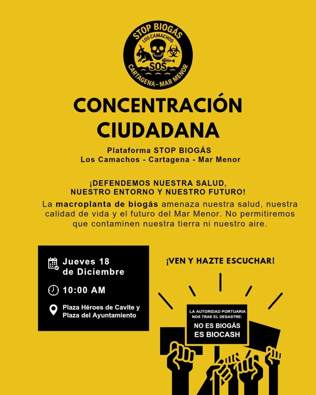 La plataforma Stop Biogás rechaza la macroplanta de Los Camachos por riesgos ambientales, sanitarios y urbanísticos