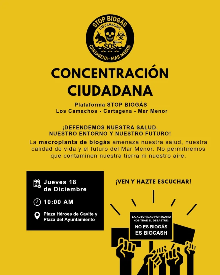 La plataforma Stop Biogás rechaza la macroplanta de Los Camachos por riesgos ambientales, sanitarios y urbanísticos