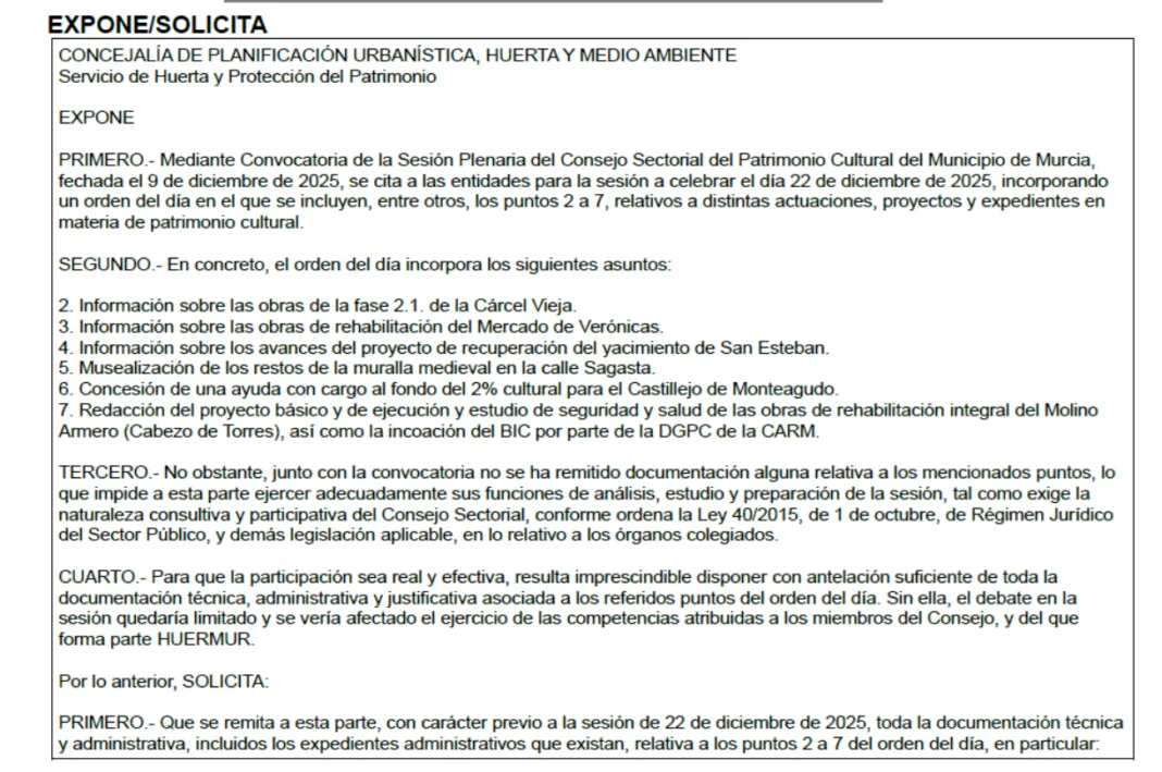 Huermur denuncia un Consejo de Patrimonio “vacío” y sin debate en el Ayuntamiento de Murcia