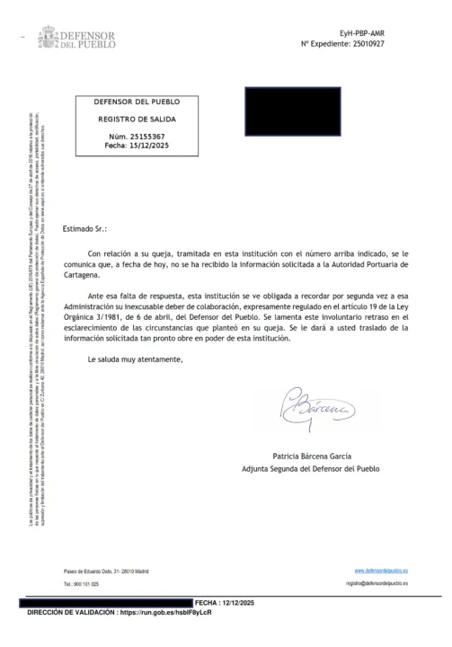 La Autoridad Portuaria sigue sin entregar las actas completas pese a los requerimientos del Defensor del Pueblo