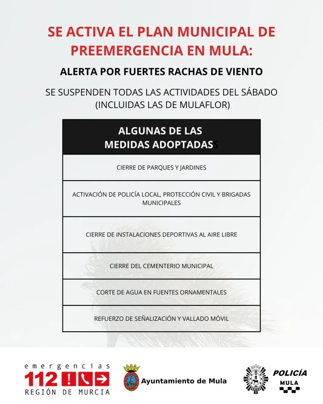 Mula activa la preemergencia por viento y suspende todas las actividades del sábado Mula activa la preemergencia por viento y suspende todas las actividades del sábado