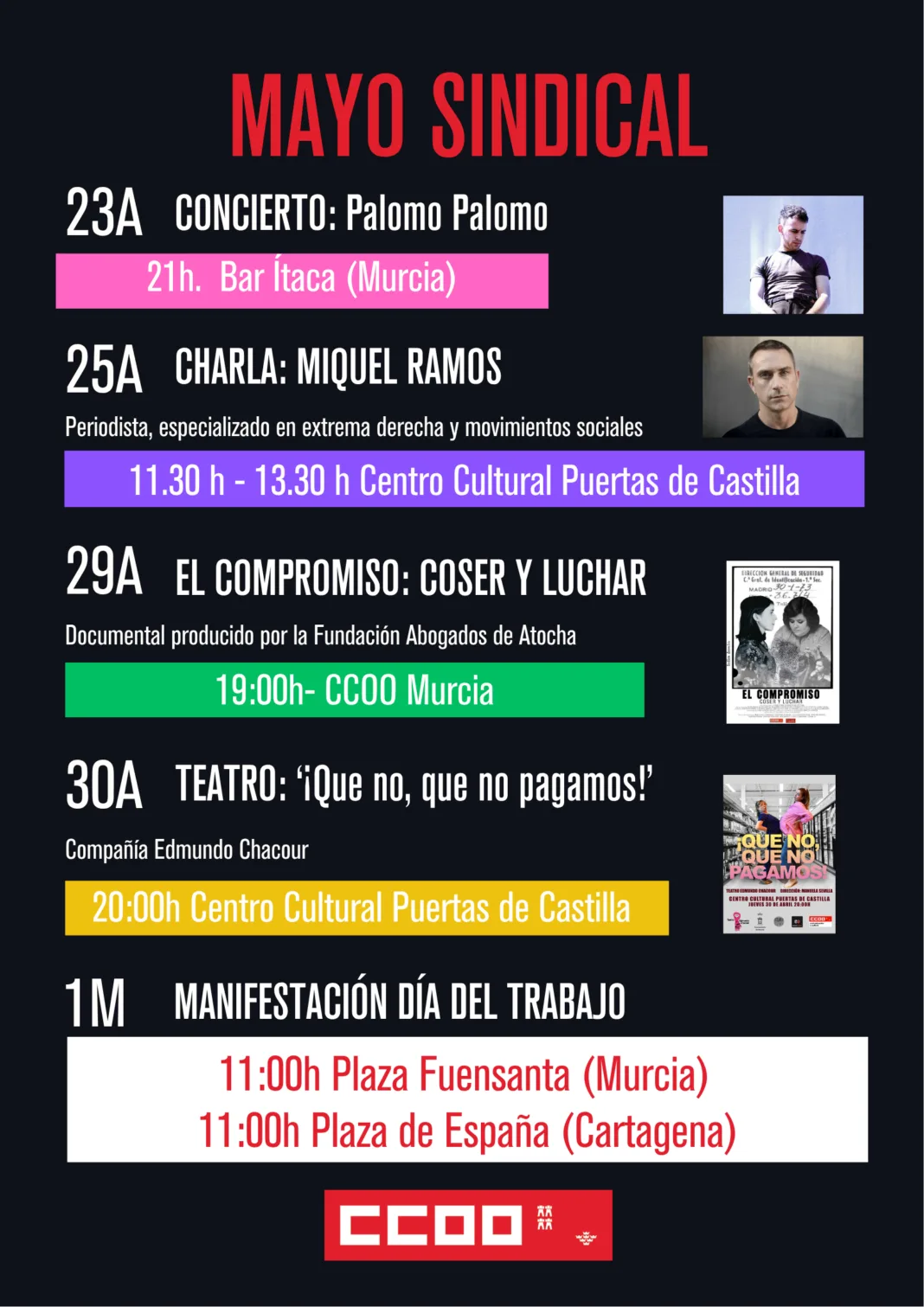 CCOO impulsa un Primero de Mayo cultural con conciertos, debate y teatro en Murcia