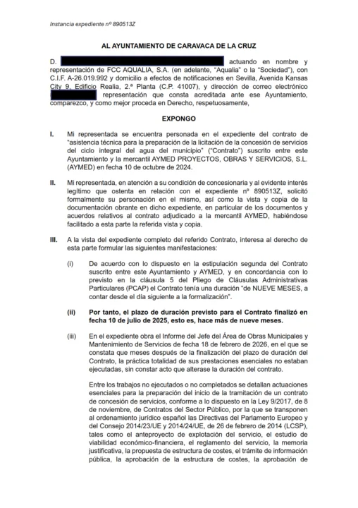 Aqualia pide extinguir el contrato para la licitación del servicio del agua en Caravaca de la Cruz