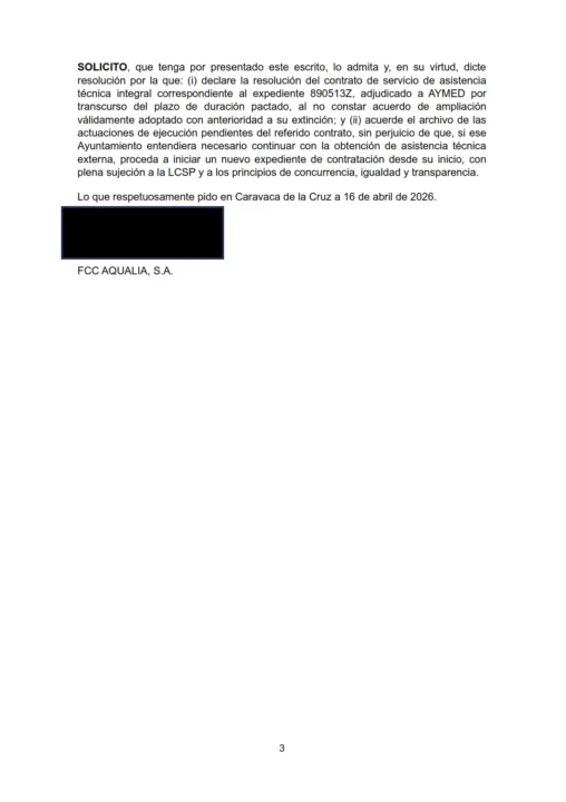 Aqualia pide extinguir el contrato para la licitación del servicio del agua en Caravaca de la Cruz