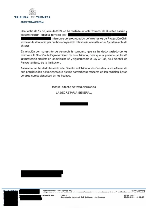Tribunal de Cuentas y Fiscalía abren actuaciones tras la denuncia sobre pagos en Protección Civil de Murcia